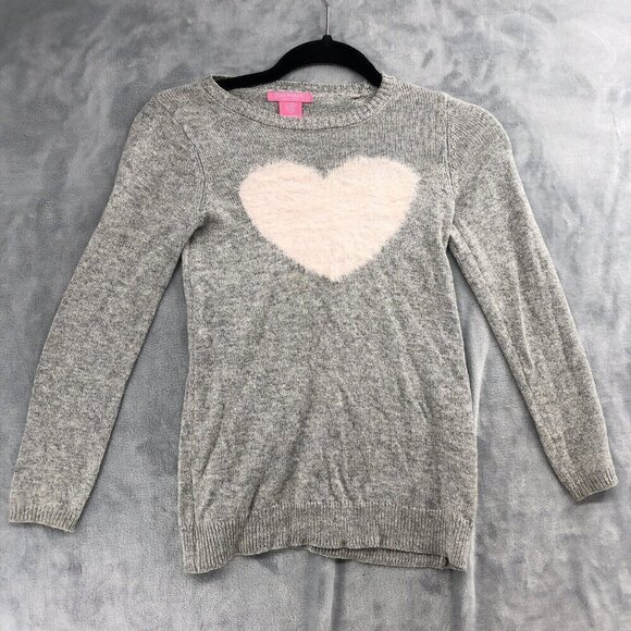 Isaac Mizrahi Sweater Girls Large 6X Gray Alpaca Fuzzy Heart Knit Sparkly - Picture 1 of 5
